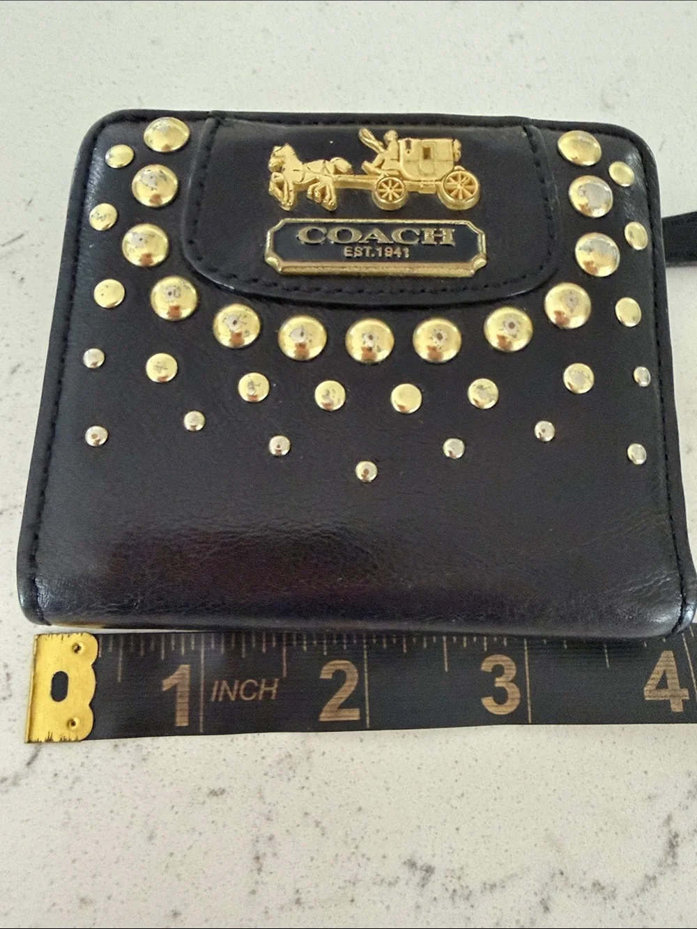 Coach Black Leather Mini Wallet with Gold Stud Accents
